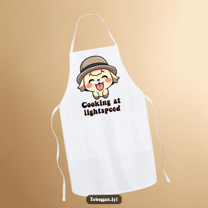 Funny speeding character apron, ideal for kitchen use, featuring a playful character sticking its tongue out while speeding.