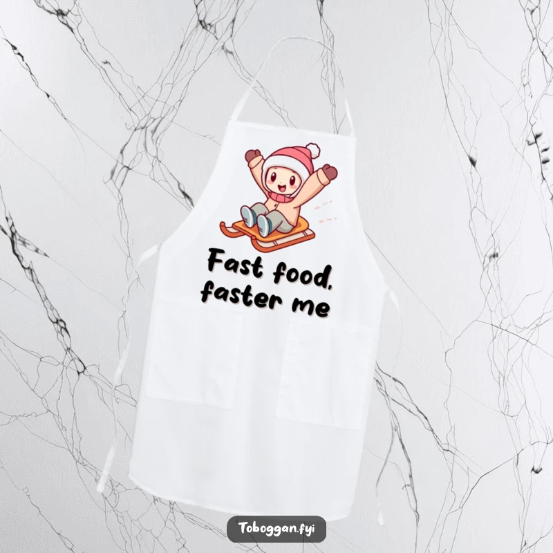 Funny character sledding downhill with arms flung high in excitement, a humorous and functional apron for kitchen adventures.