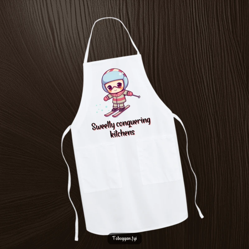 Funny candy cane apron showing a determined character comically skiing uphill, ideal for humorous cooking sessions.