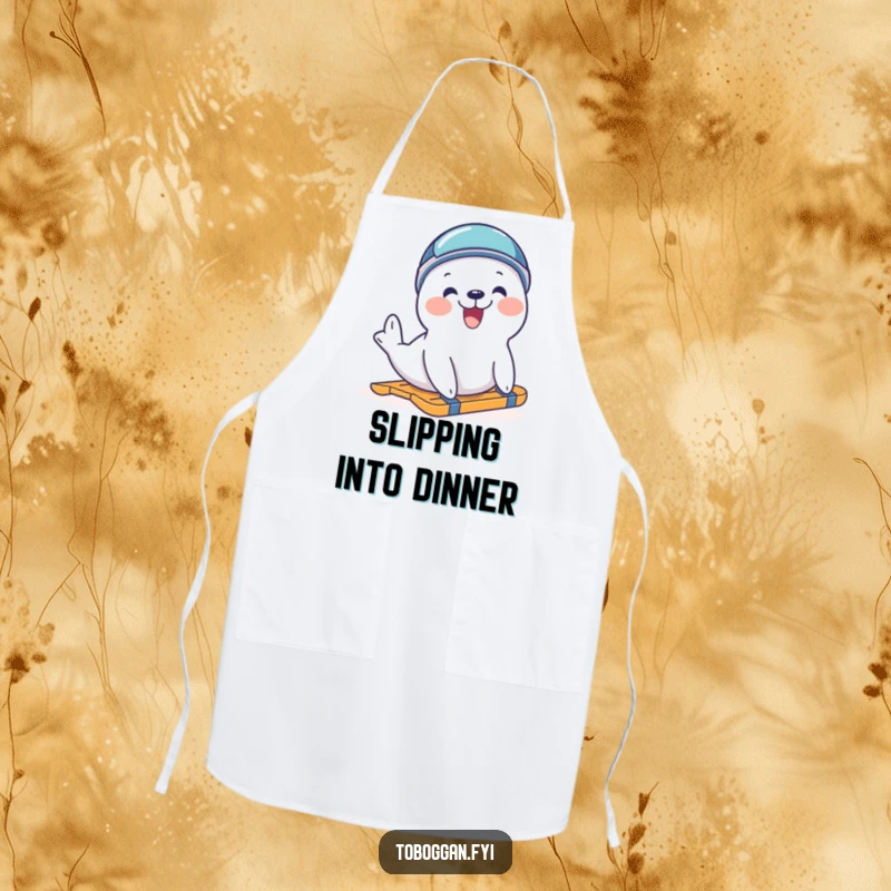 Funny delighted seal wearing a helmet, trying to slide on an apron, ideal for chefs who enjoy humorous and winter-themed kitchenware.