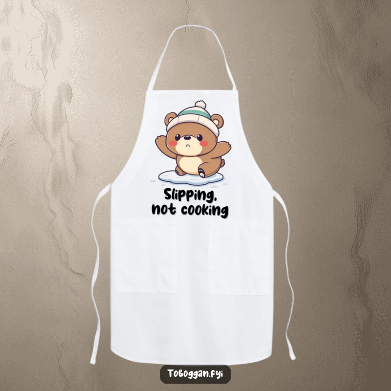 Funny Apron: A startled bear wearing a tiny toque comically slips on ice, adding humor to your kitchen activities.