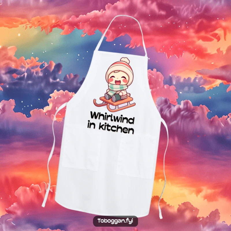 Funny character wearing a tiny scarf laughs as their sled spins on an apron.