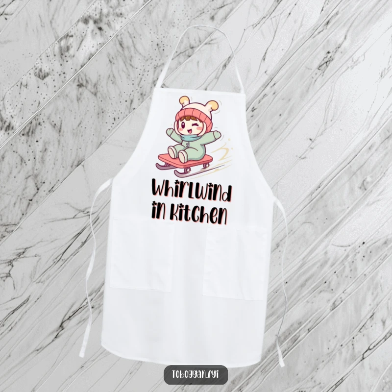 Funny apron with a character winking playfully while spinning wildly on a toboggan, bringing dynamic winter fun to the kitchen.