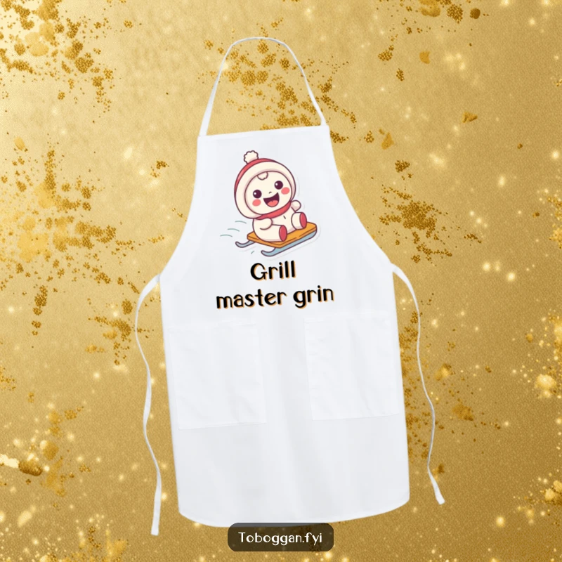 Funny apron showing a character with a wide grin sliding on a sled, bringing humor to the kitchen.