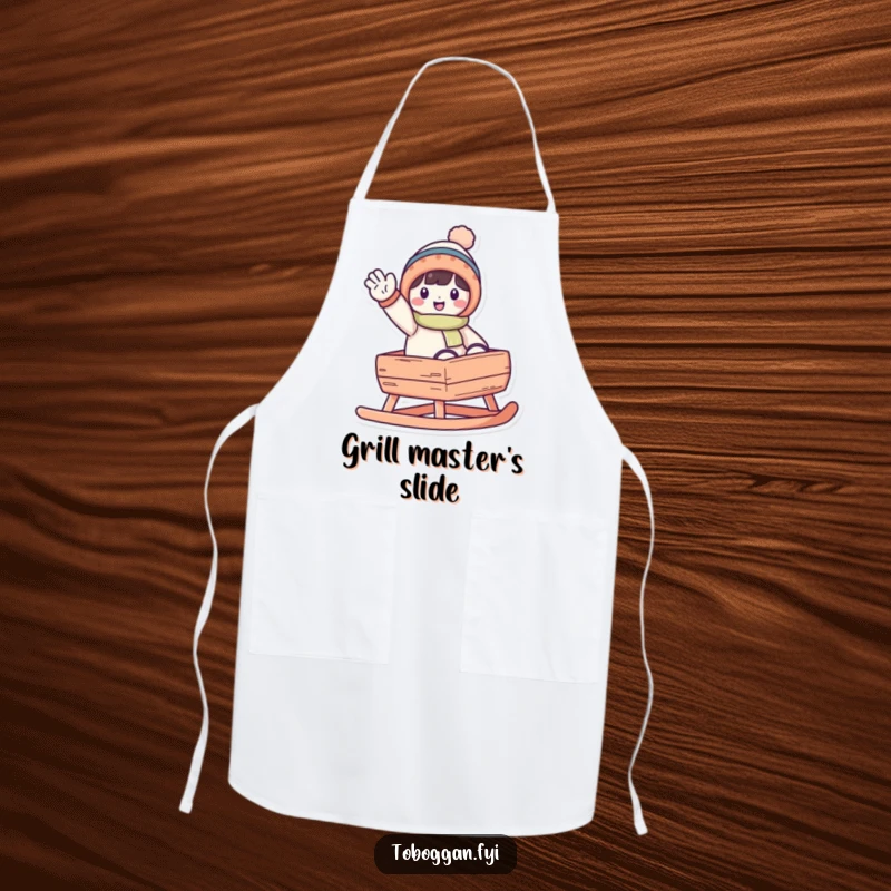 Funny waving toboggan character apron, ideal for kitchen use, featuring a cheerful character waving from a toboggan.
