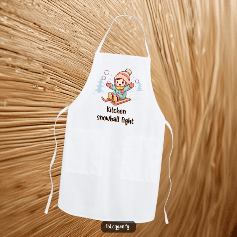 Funny character excitedly throwing snowballs while sledding downhill on an apron.