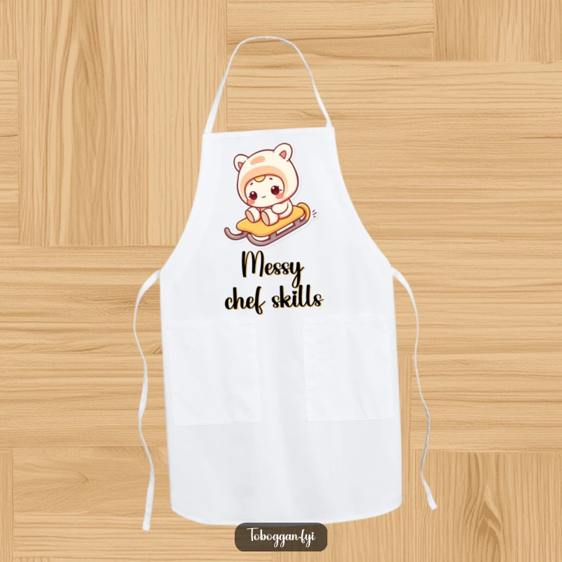 Funny apron showing a character's comical expression on a sled sliding sideways, perfect for kitchen humor.