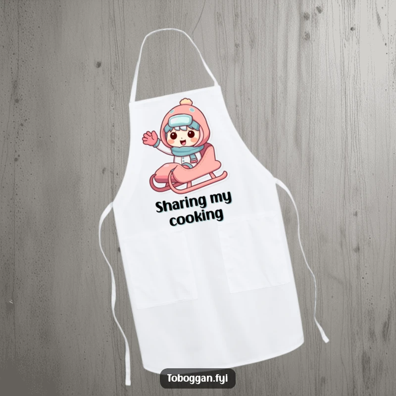 Funny sledding character apron featuring a friendly character sharing a sled and waving, adding winter cheer to kitchen activities.