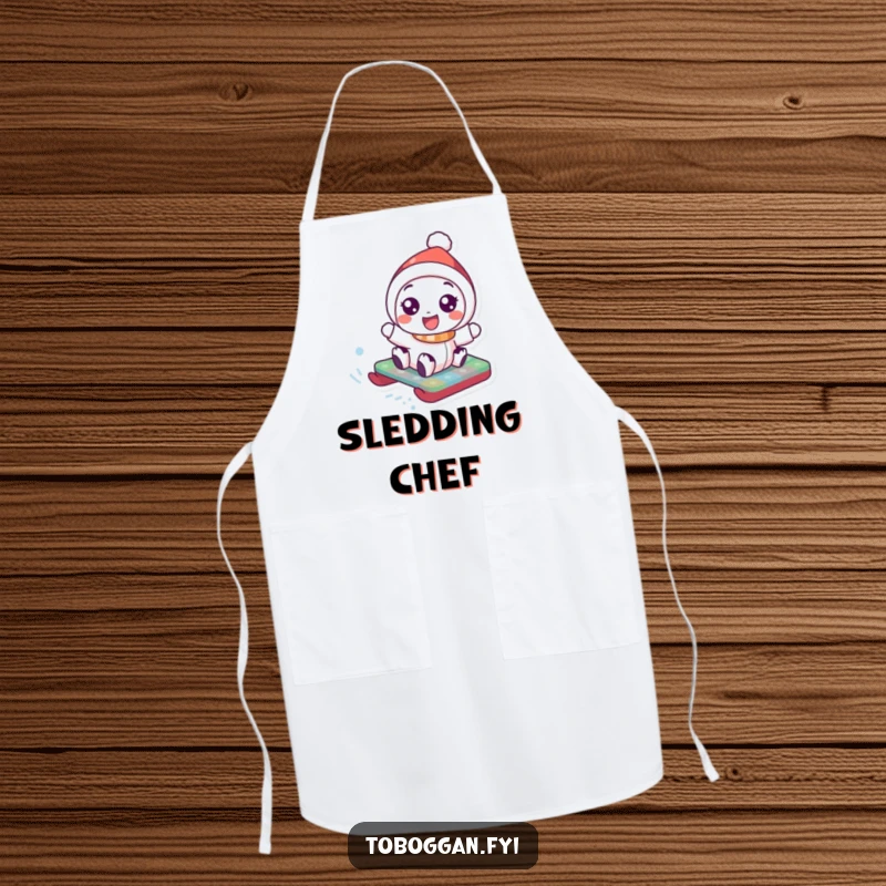 Funny Apron: Cheerful character wearing a wide smile slides down a snowy hill on a toboggan, ready for kitchen fun.