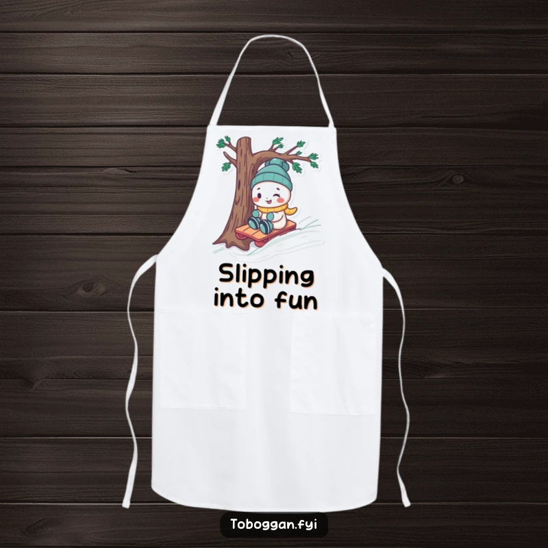 Funny character in action on a toboggan, skillfully avoiding a tree, featured on a humorous kitchen apron.
