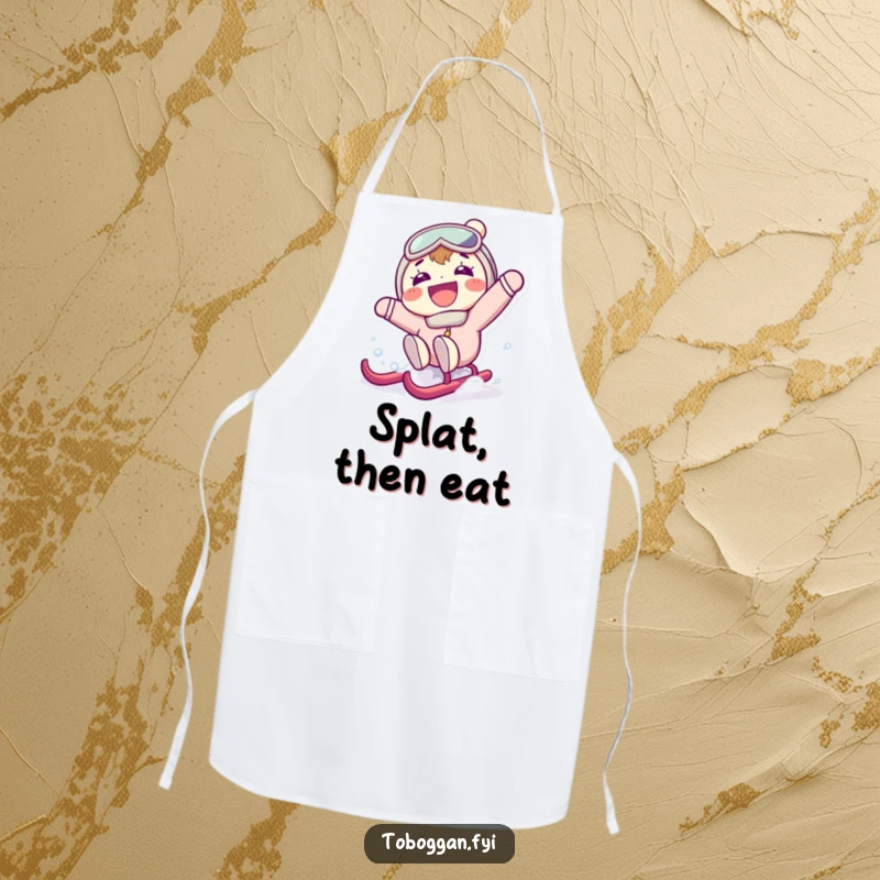 Funny apron illustrating a character with a wide grin, unexpectedly falling backward off a sled, bringing surprise and humor to the kitchen.