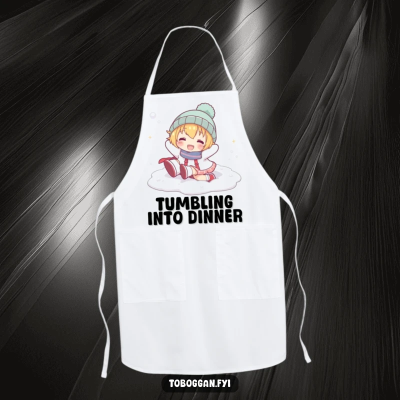 Funny apron featuring a cartoon character playfully tumbling head over heels in snow, perfect for kitchen fun.
