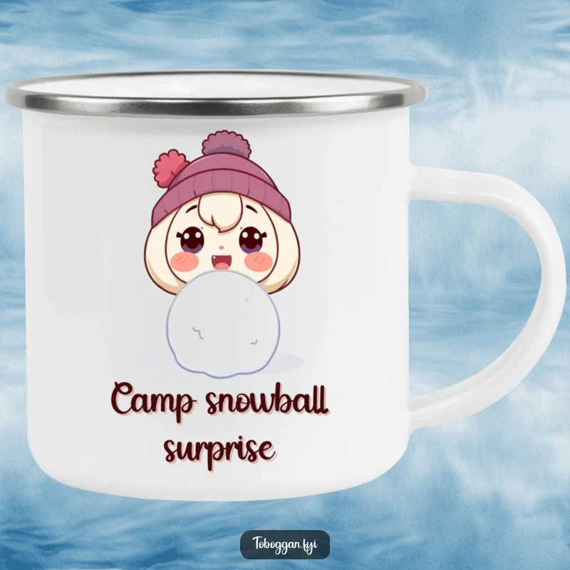 Funny camping mug with a character displaying a comically surprised face, reacting to an incoming snowball.
