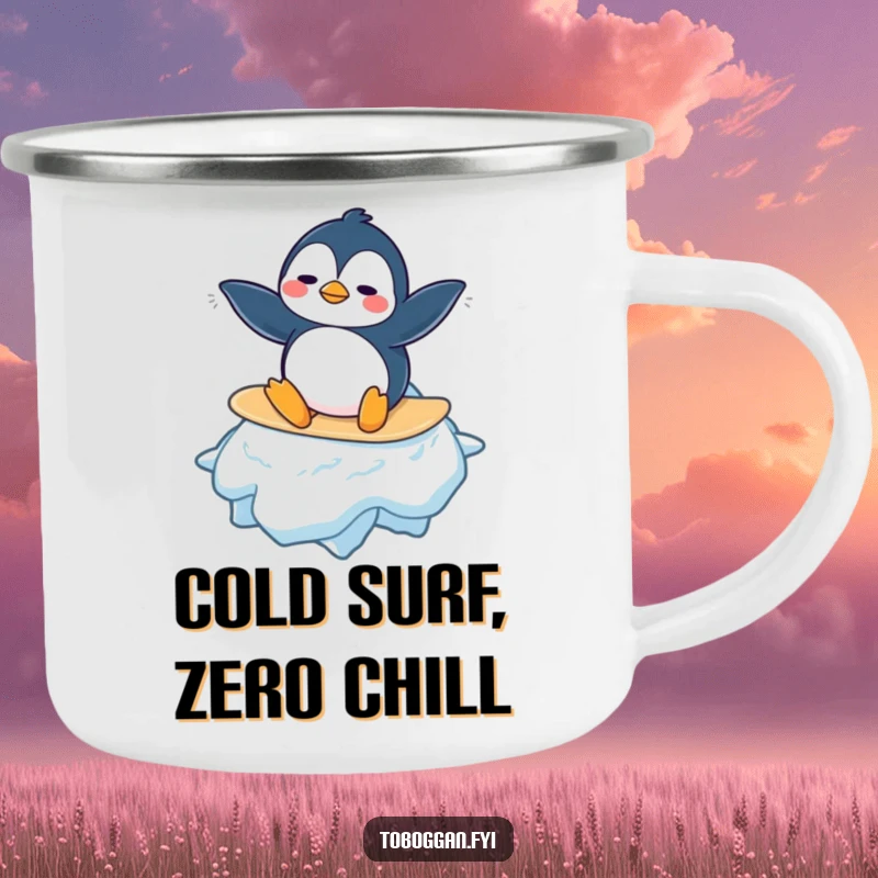 Funny Penguin Camping Mug: A confused penguin character attempts to surf a large snowflake during an outdoor scene, adding cold-weather humor.