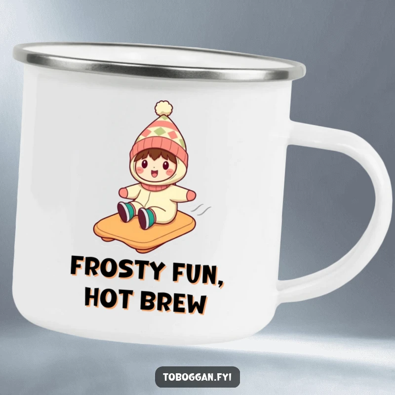 Funny camping mug with a character in a silly hat, having a rollicking toboggan ride through a winter wonderland.