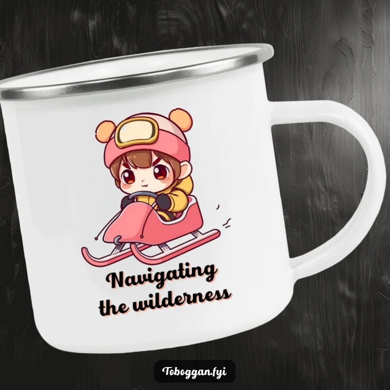 Funny character steering a sled with exaggerated concentration, featured on a sturdy camping mug for strategic outdoor enjoyment.