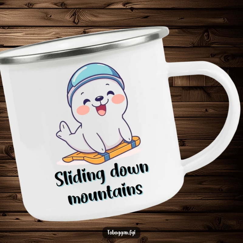 Funny delighted seal wearing a helmet, trying to slide on a sturdy camping mug, ideal for outdoor adventurers who love cute designs.