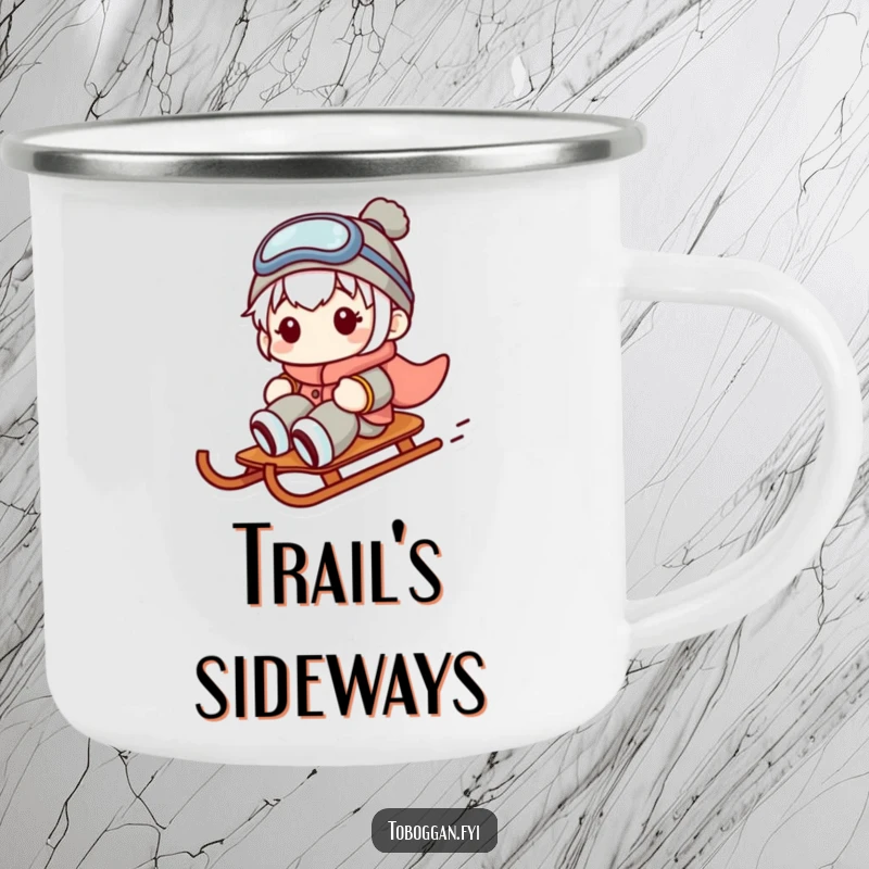Funny camping mug featuring a character hilariously sliding sideways on a sled with a comical expression, perfect for outdoor drinks.