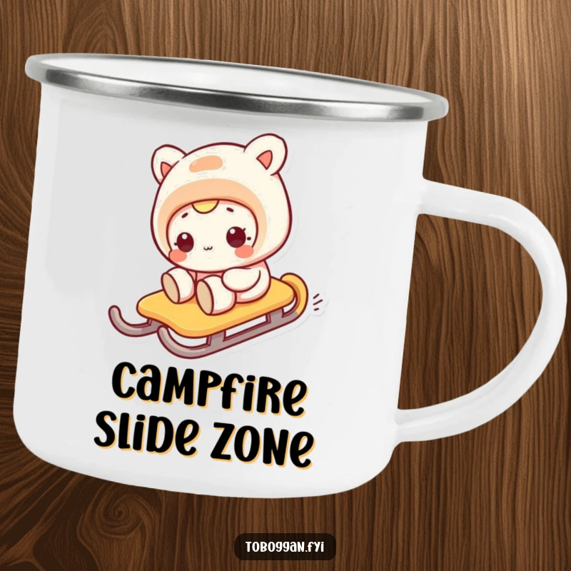 Funny camping mug featuring a character's comical sideways sledding expression, perfect for humorous outdoor drinks.
