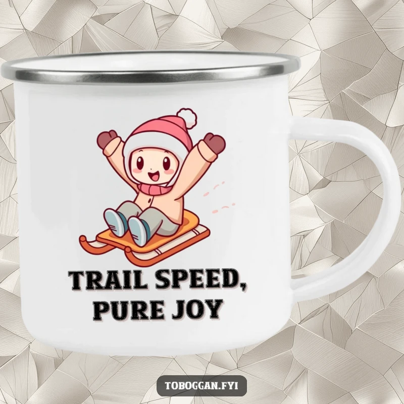 Funny character sledding downhill with arms raised in joy, featured on a sturdy camping mug for outdoor enthusiasts.