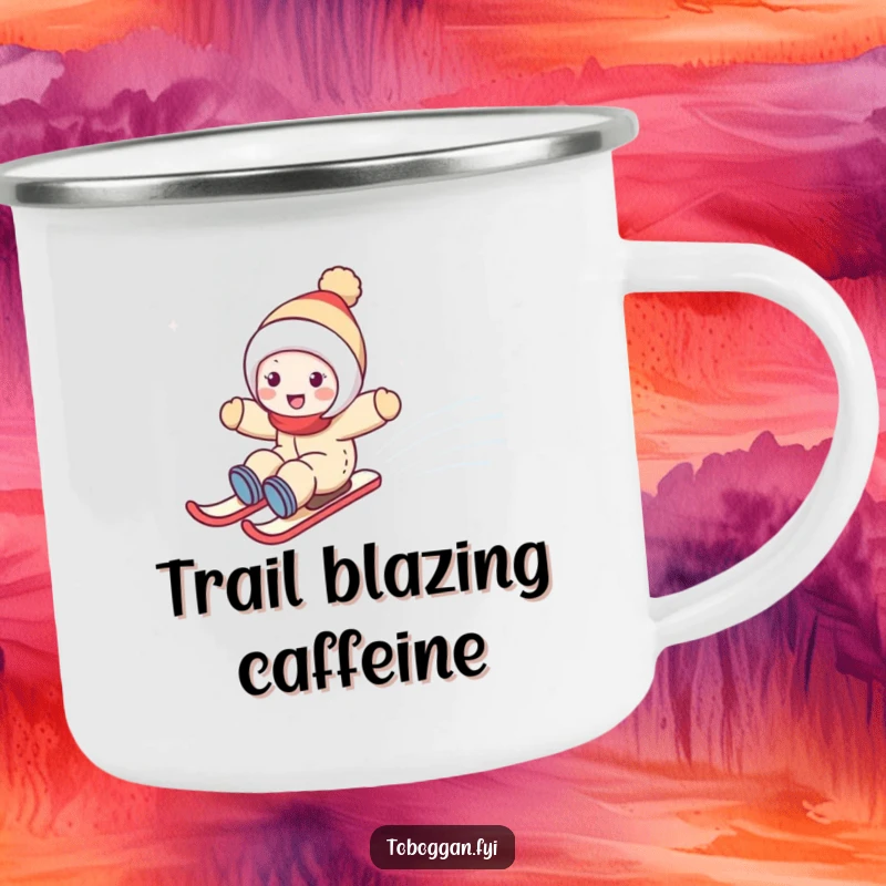 Funny camping mug featuring a cute character joyfully zooming down a snowy hill, perfect for outdoor adventures.