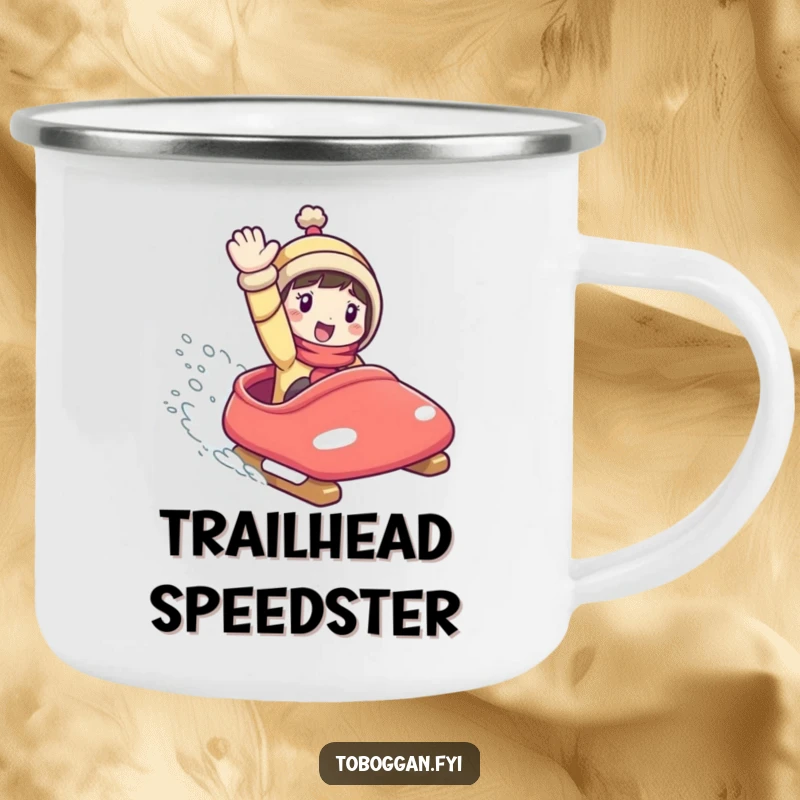 Funny Camping Mug: Character speeding down a snowy hill on a toboggan, ready for outdoor fun.