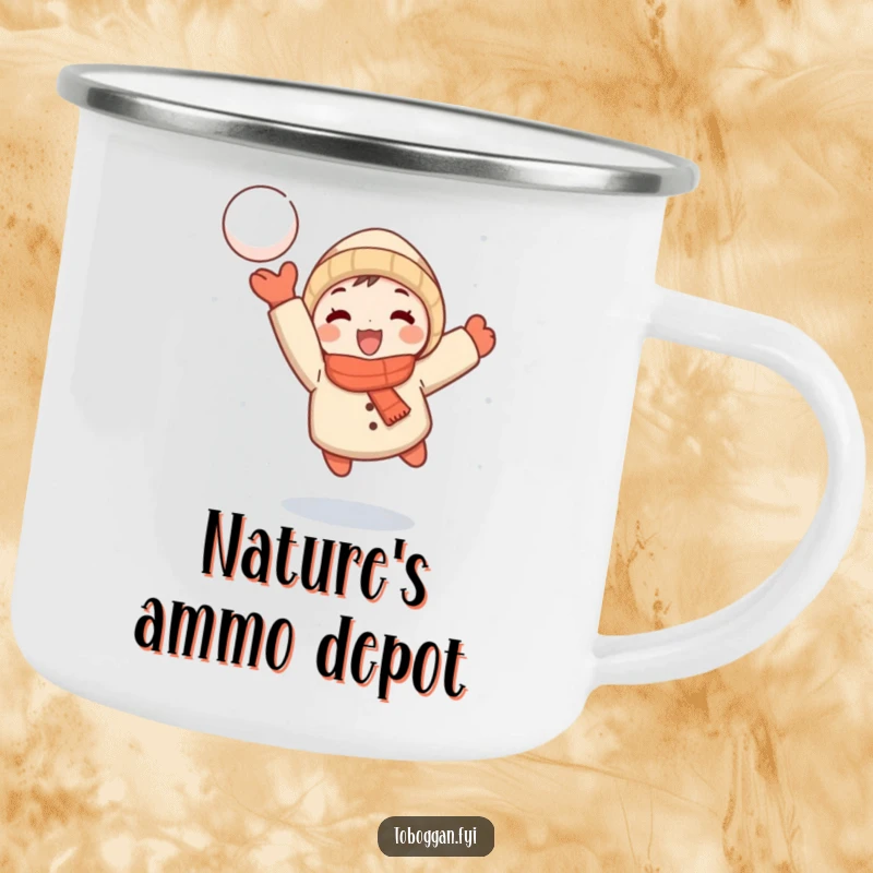Funny camping mug featuring a small cartoon character joyfully throwing a snowball mid-flight, ideal for outdoor drinks and fun.