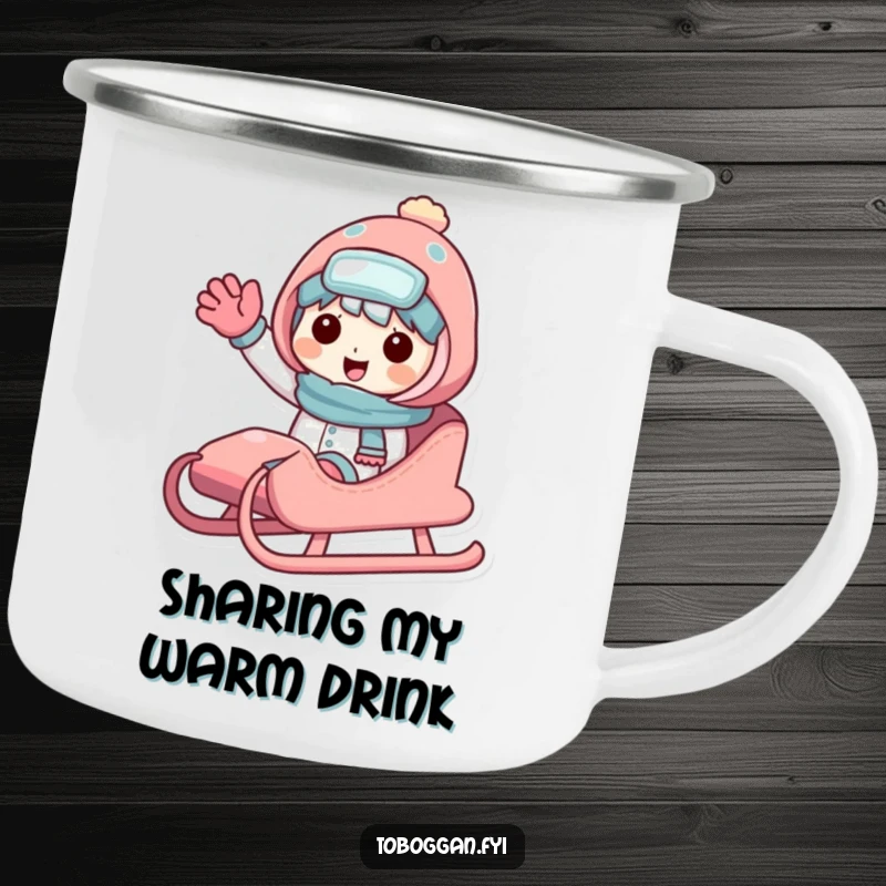 Funny sledding character camping mug featuring a friendly character sharing a sled and waving, perfect for outdoor winter adventures.