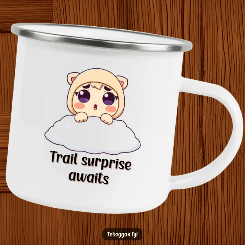 Funny Camping Mug: Surprised character with raised eyebrows lands softly in snow, bringing unexpected cheer.