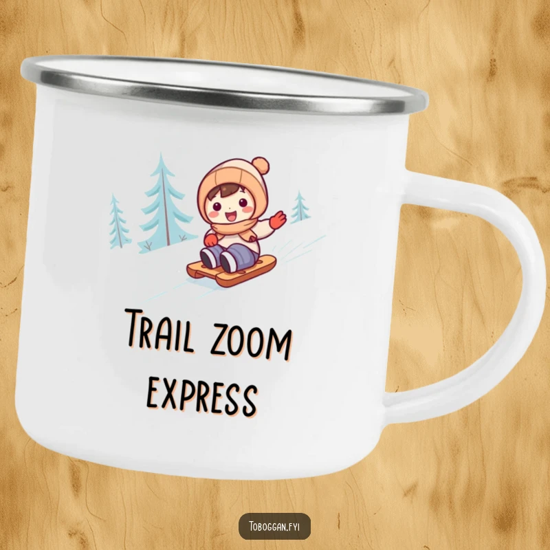 Funny cute character sledding downhill on a camping mug, for outdoor winter fun.