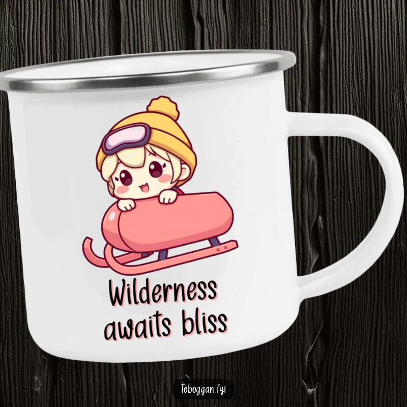 Funny camping mug shows a character peeking over a sled's edge with excitement, representing humorous anticipation and the joy of outdoor activities.