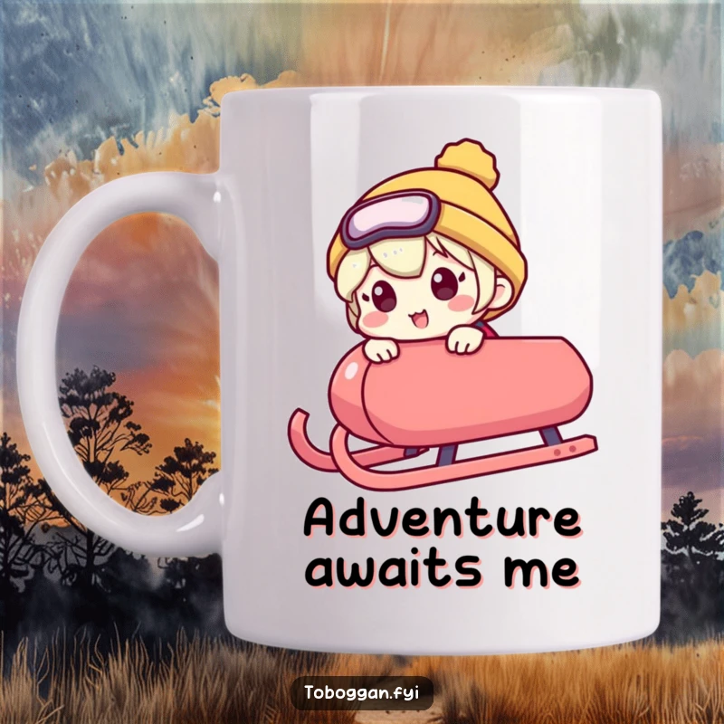 Funny mug shows a character peeking over a sled's edge with wide, excited eyes, capturing the humorous thrill of an upcoming ride.