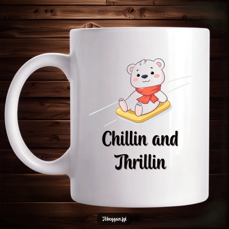 Funny Polar Bear Cub Mug: A cheerful polar bear cub wearing a small scarf happily slides down an icy slope, embodying winter fun.
