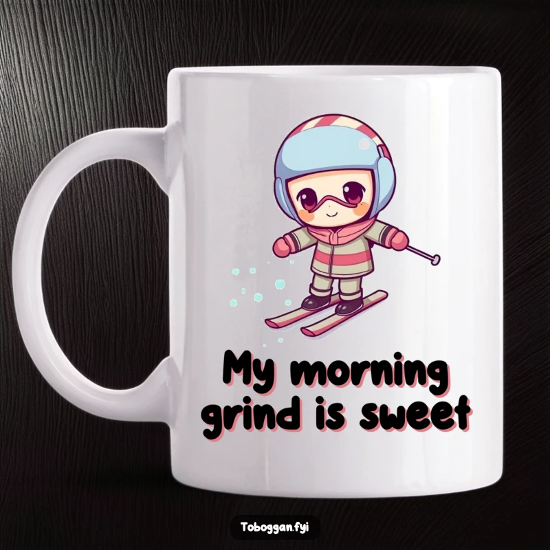 Funny candy cane mug with a determined character comically skiing uphill, celebrating perseverance with humor.