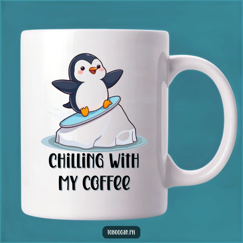 Funny Penguin Surfing Mug - Playful Arctic Bird Gift for Ocean Lovers