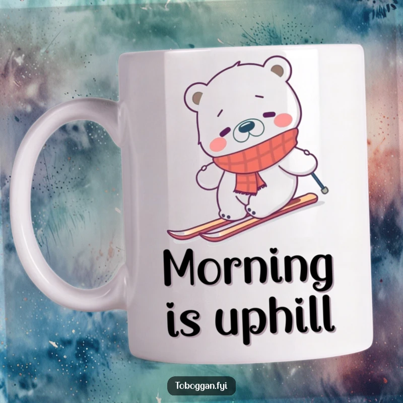 Funny confused polar bear wearing a scarf, hilariously attempting to ski uphill on a mug, perfect for winter humor enthusiasts.