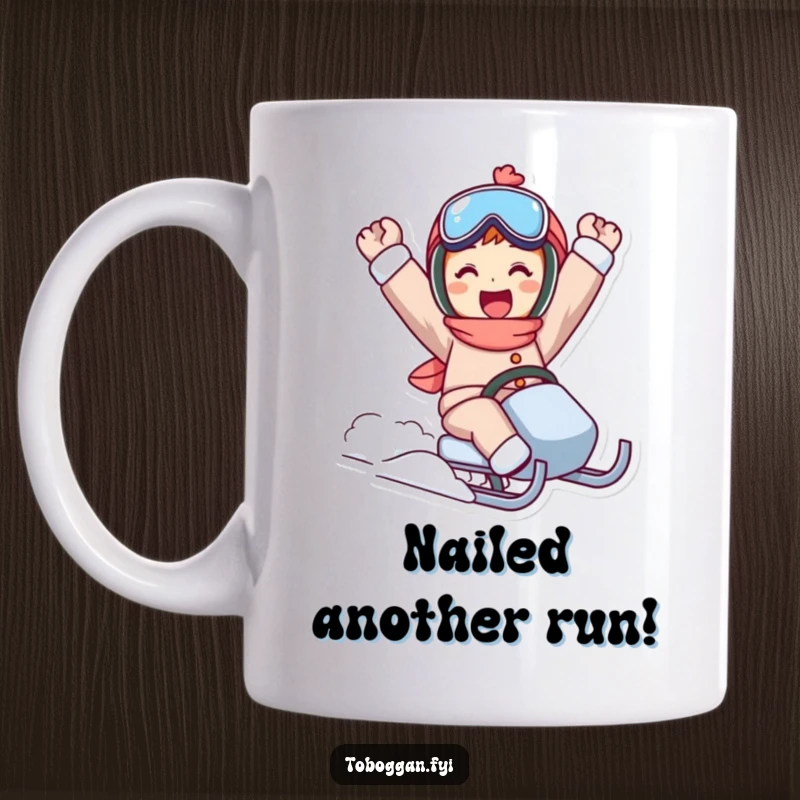 Funny sled ride mug showing a character in a triumphant pose celebrating a successful downhill run.