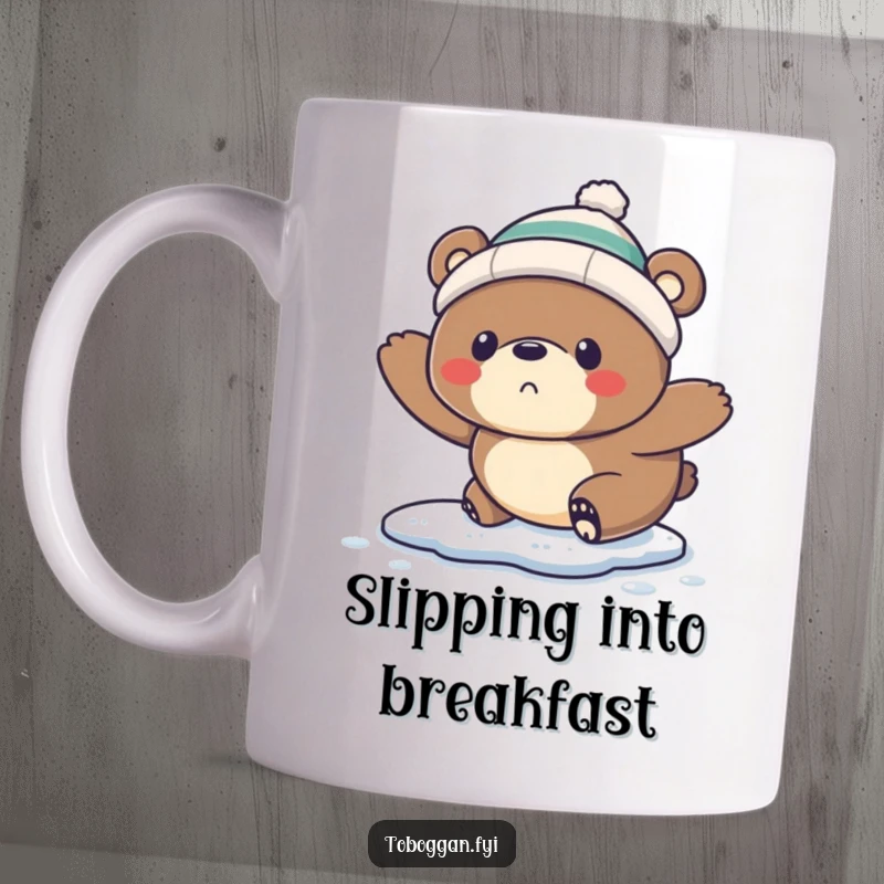 Funny Mug: A startled bear wearing a tiny toque comically slips on ice, expressing surprise and winter mishap humor.