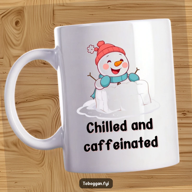 Funny Mug: A cheerful snowman comically attempts to build a tiny snowball fort, wearing mittens and spreading winter joy.
