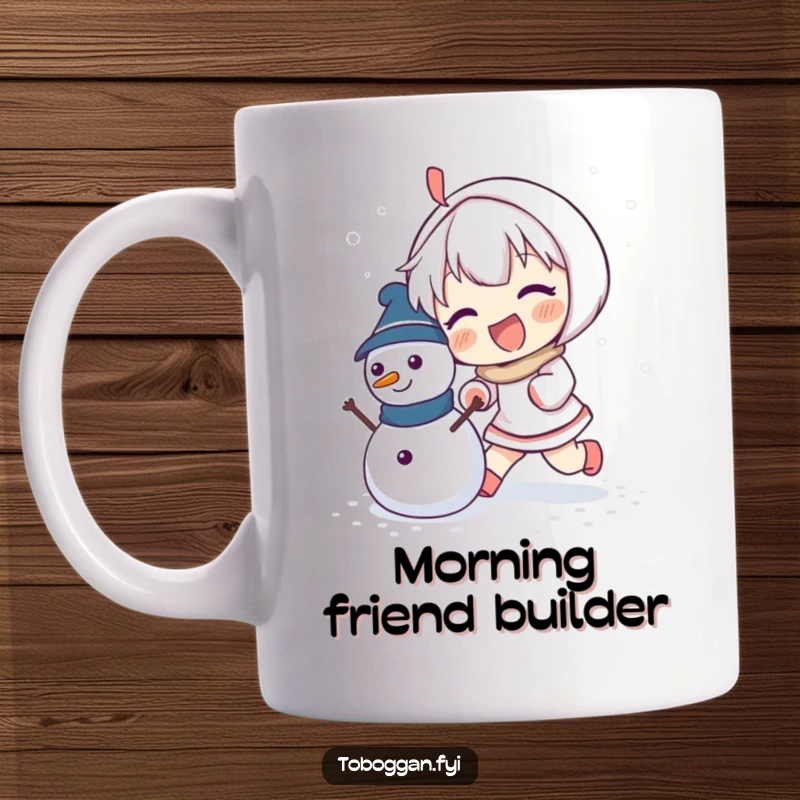 Funny mug featuring a happy character enthusiastically pushing a small snowman they've just built.