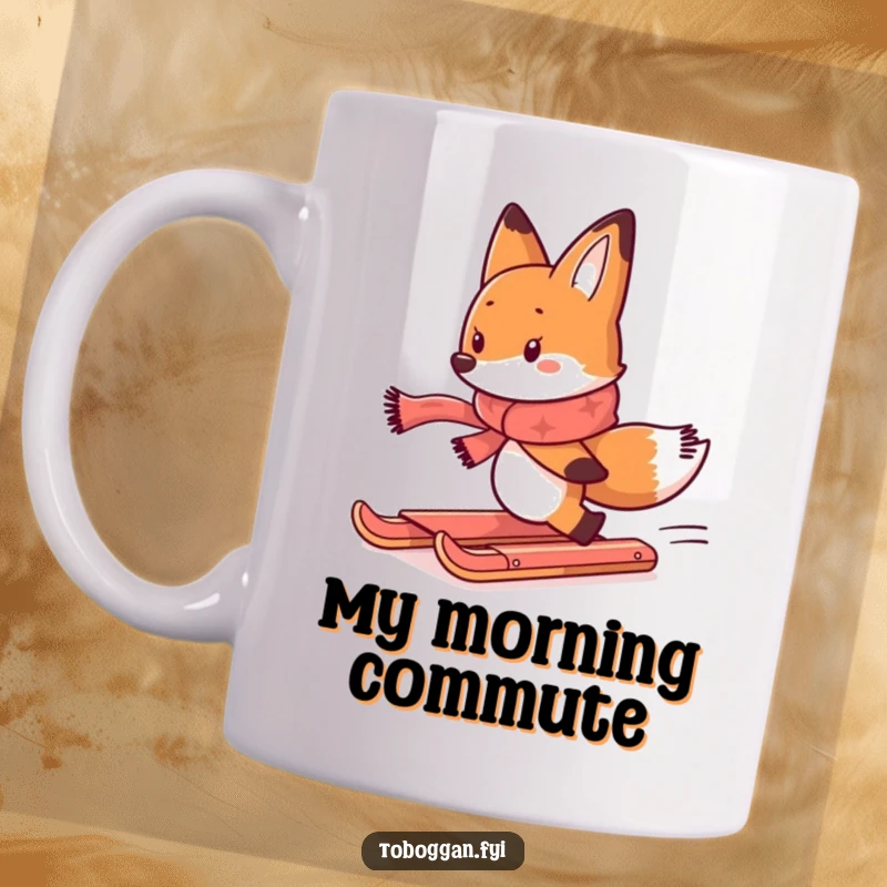 Funny mug featuring a determined fox in a scarf, comically chasing a runaway toboggan down a snowy hill.