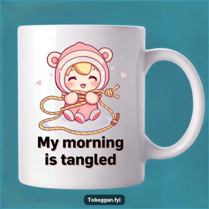 Funny Tangled Sled Rope Mug: Hilarious Character Mishap, Perfect Clumsy Gift