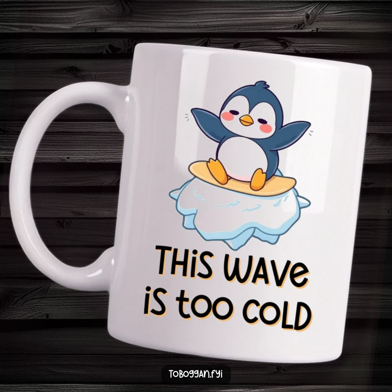 Funny Penguin Mug: A confused penguin character comically attempts to surf on a massive snowflake, showcasing arctic bewilderment.