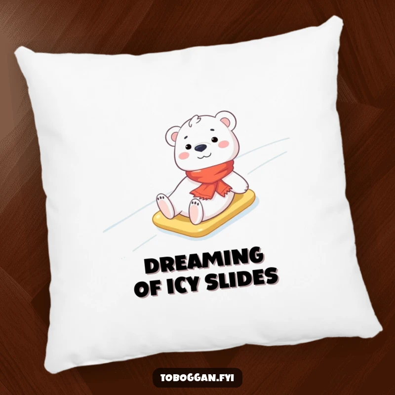 Funny Polar Bear Pillow: A cheerful polar bear cub wearing a tiny scarf is shown sliding down an icy slope, offering soft and heartwarming decor.