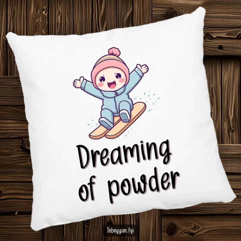 Funny character surfing down a snowy slope on a soft, decorative pillow, bringing winter cheer indoors.