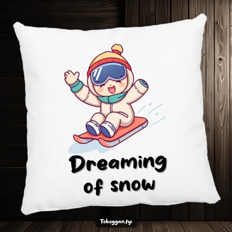 Funny pillow featuring a character joyfully waving during a sledding run downhill, offering comfort and a humorous, playful vibe.