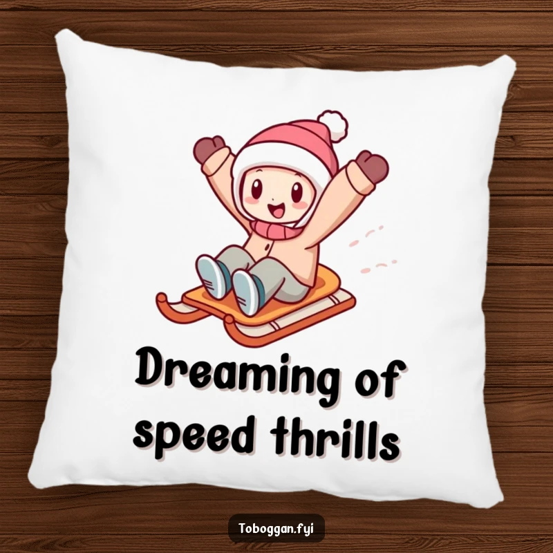 Funny character sledding with arms raised in delight, offering soft comfort and a touch of winter exhilaration to any pillow.