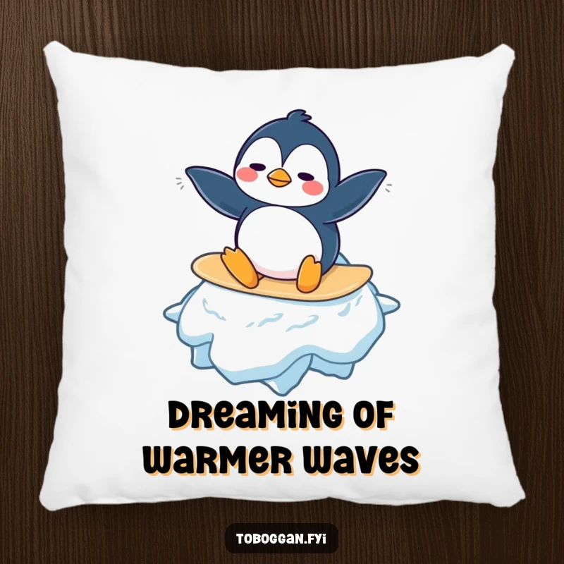 Funny Penguin Pillow: A confused penguin character is shown trying to balance on a giant snowflake, offering a soft and humorous decorative touch.