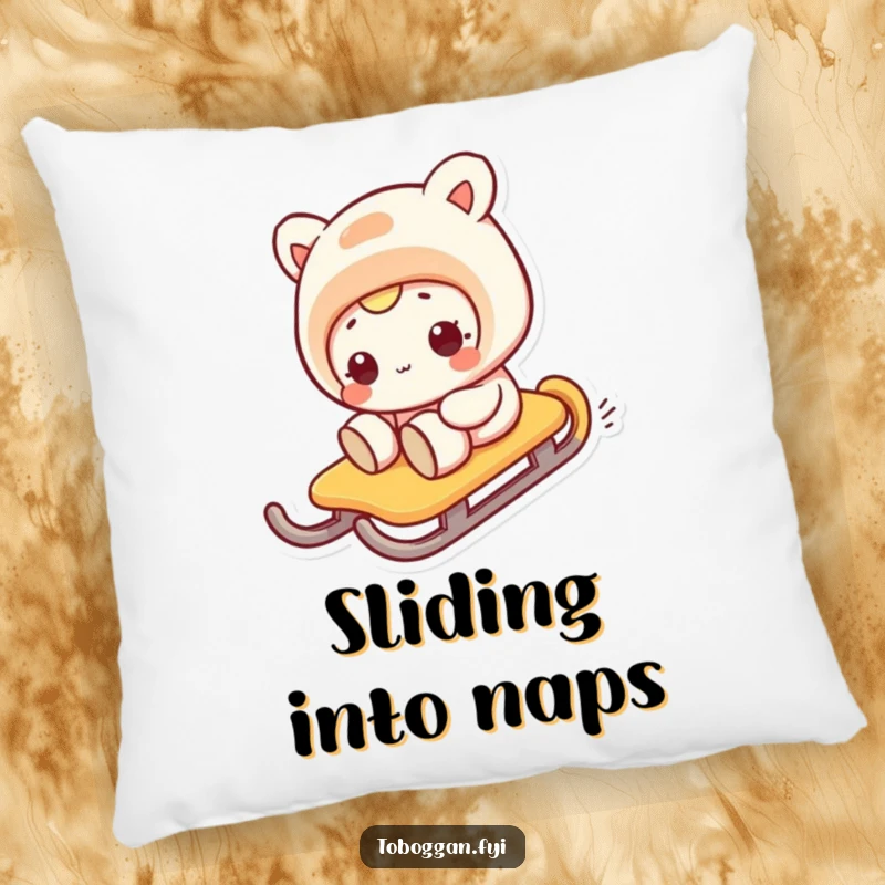 Funny pillow depicting a character's comical expression during a sideways sled slide, offering humorous comfort.