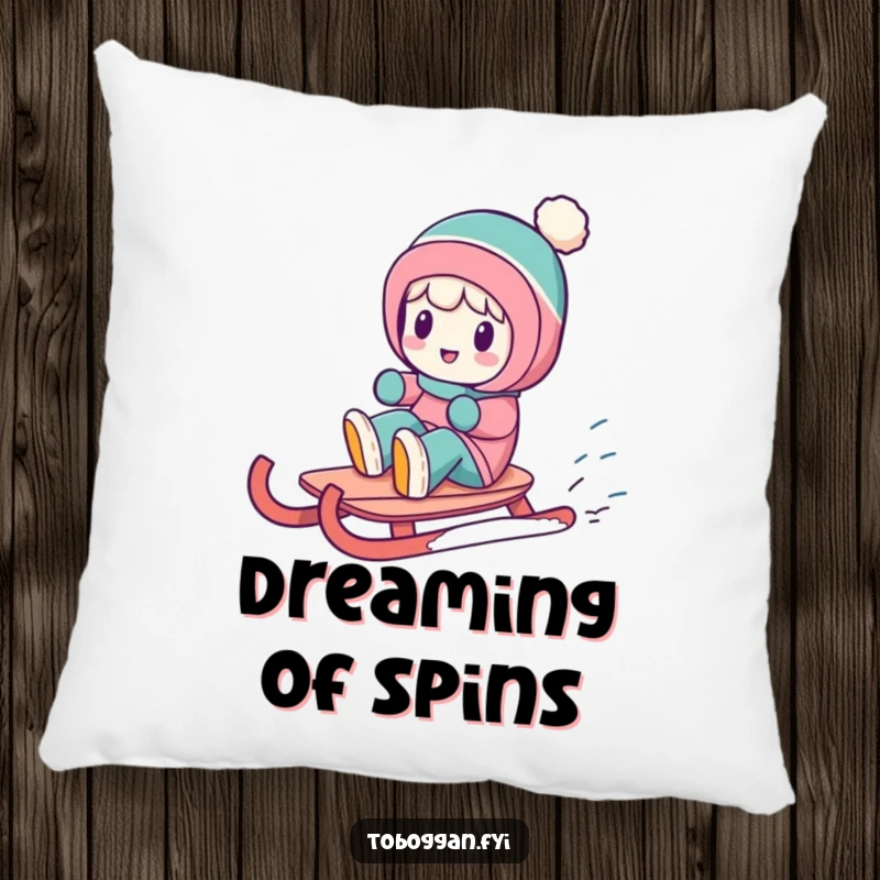 Funny pillow featuring a character in a funny spin on a sled, offering comfort and winter-themed humor.